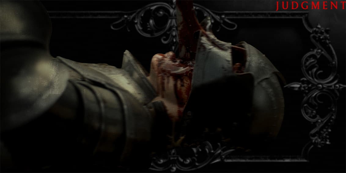 A bloodied gauntlet gripping a blade against an ornate gothic filigree border, titled 'JUDGMENT.'
