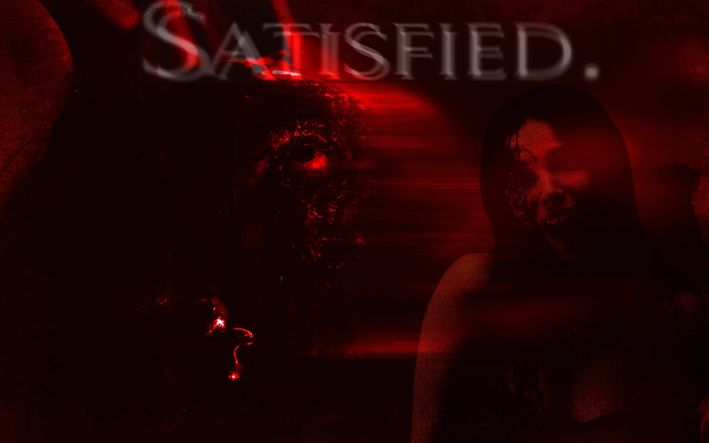 Nikki Freeman in red duotone, disfigured and mask-like beside a smiling figure, titled 'Satisfied.'