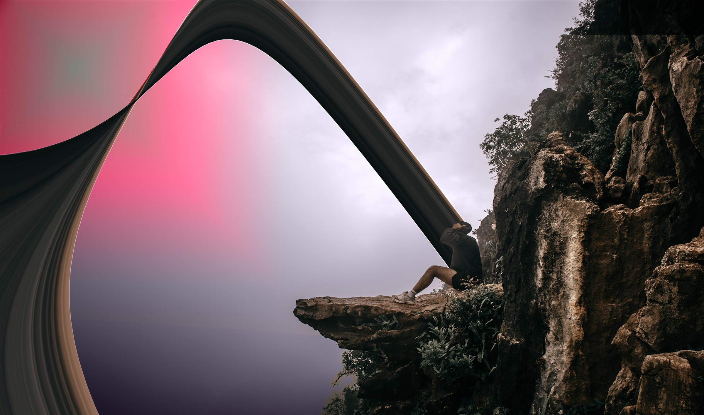 A figure sitting on a cliff ledge on the Ha Giang loop, a ribbon of pixel-stretch distortion peeling off the frame into a pink gradient void.