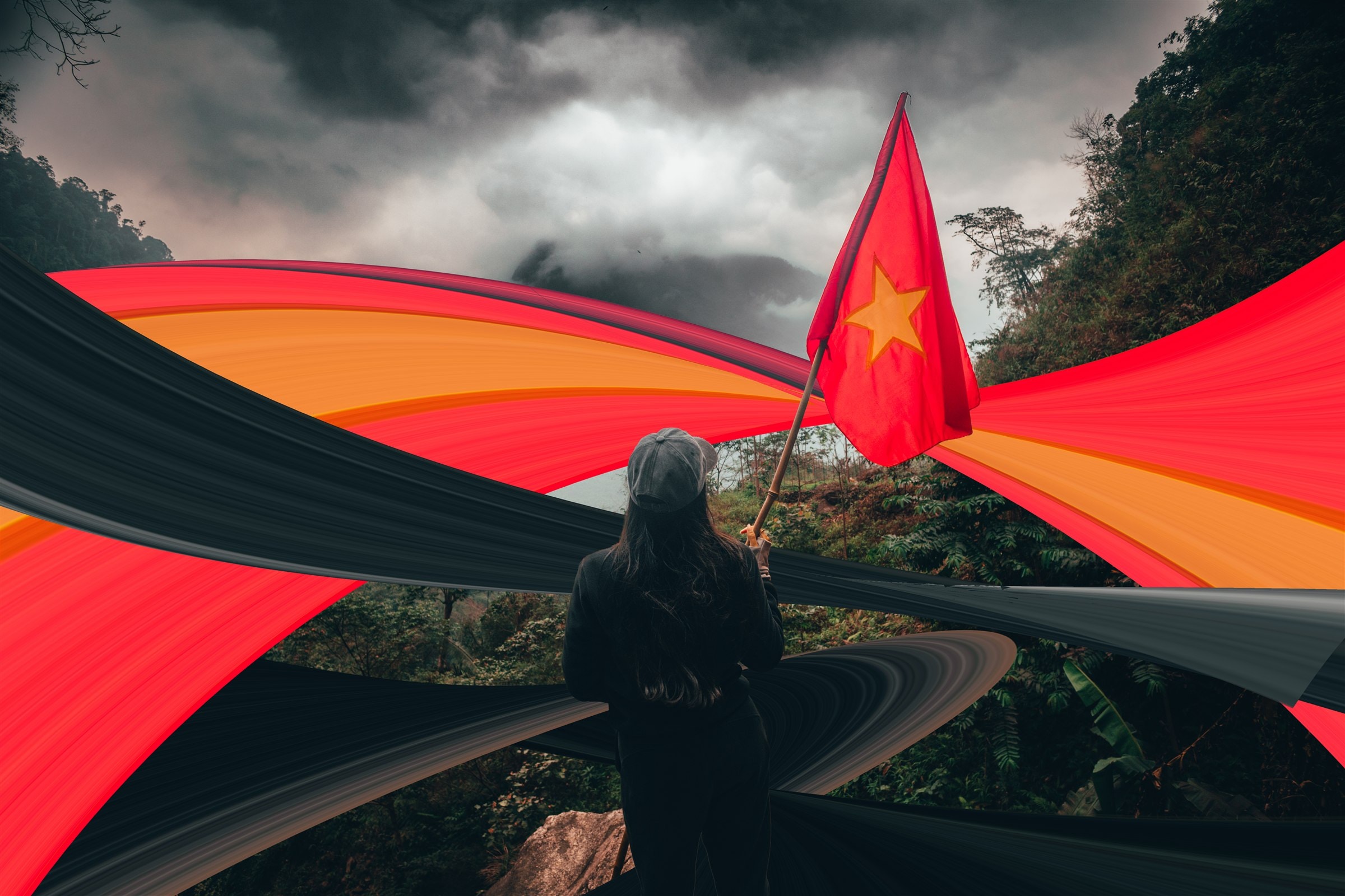 A figure holding the Vietnamese flag on the Ha Giang loop, wrapped in vivid red and black ribbon-warp streaks.