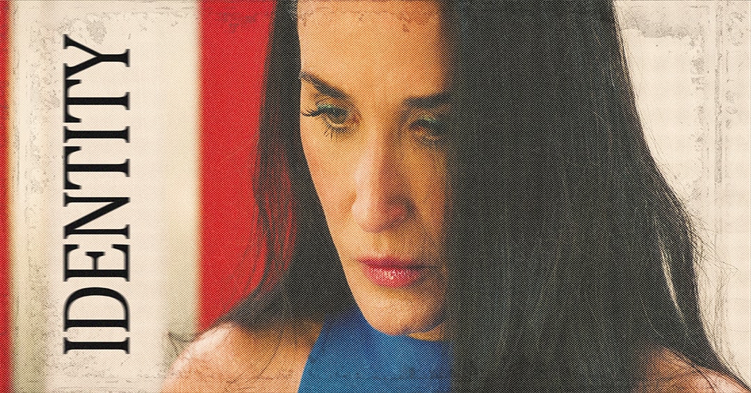 A halftone dual-exposure portrait split between warm and cool tone, titled 'IDENTITY.'