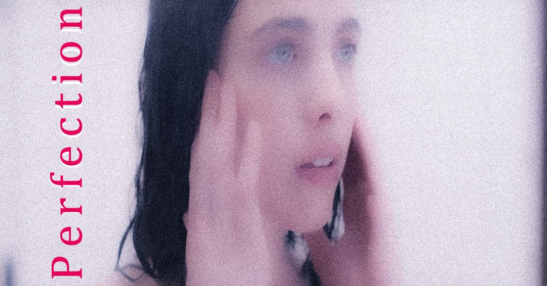 A grainy close-up of Sue touching her own face, titled 'Perfection.'
