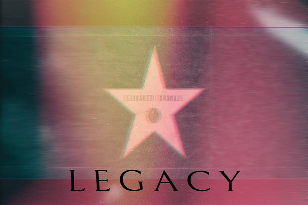 A Hollywood Walk of Fame star reading 'Elisabeth Sparkle' with a glitch color-shift, titled 'LEGACY.'