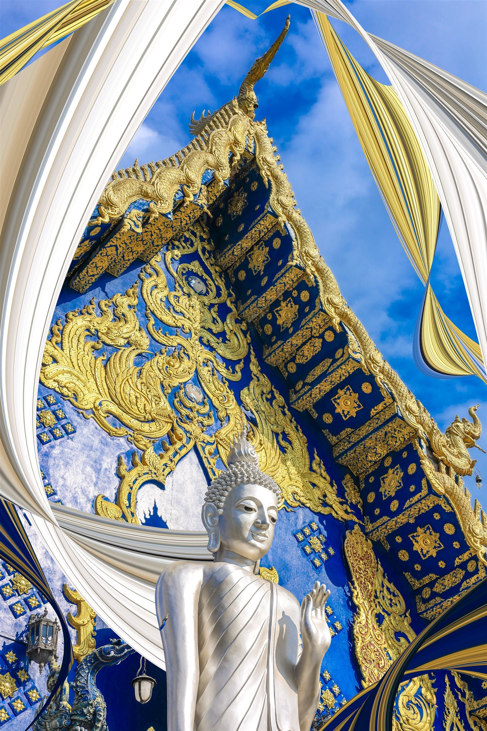 The Blue Temple's golden spire and a silver Buddha statue, swirling ribbon-warp distortion around the frame's edges.