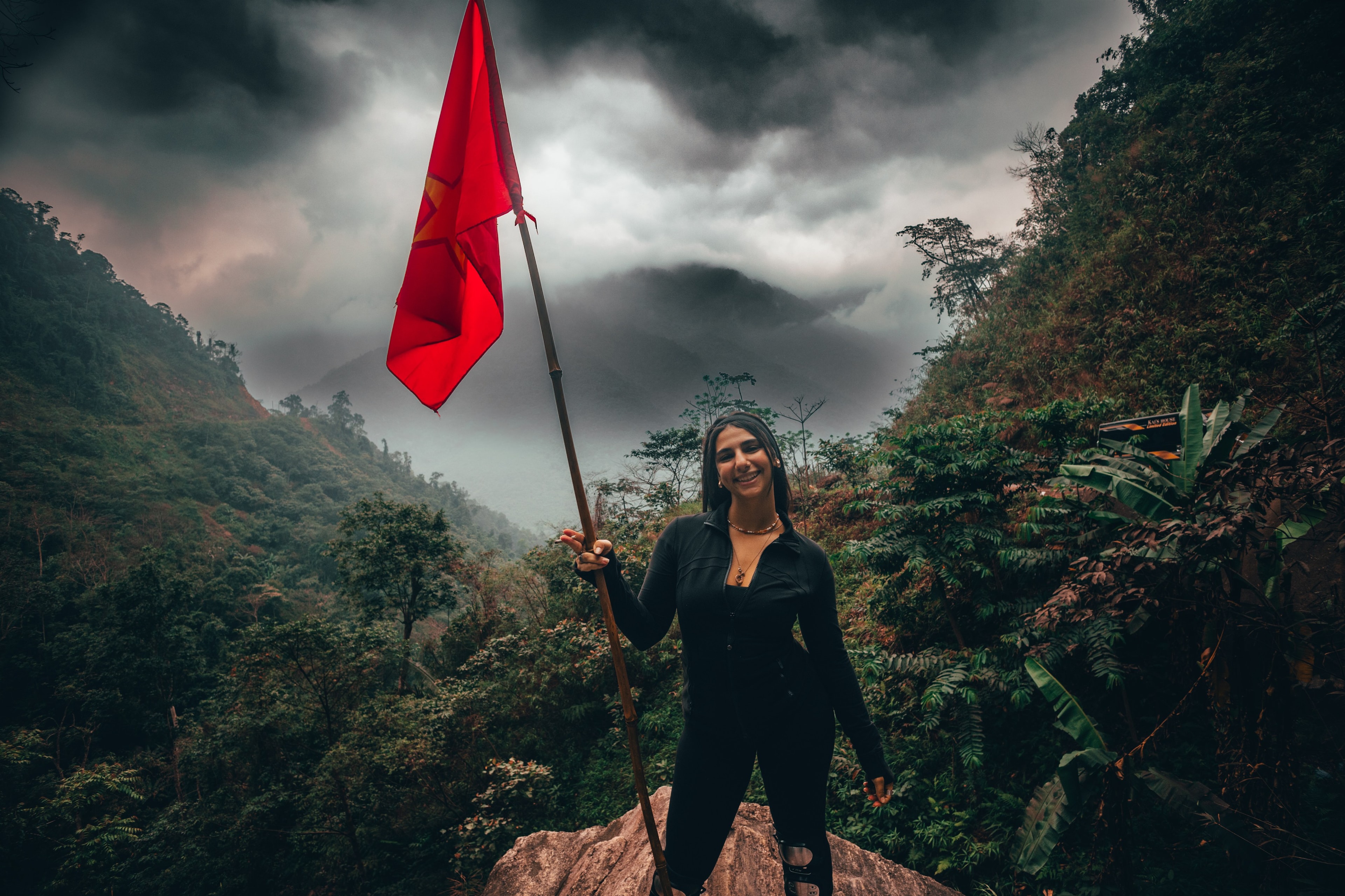 A figure holds a red flag atop a rock outcrop, storm cloud rolling over the jungle valley below.